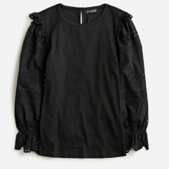J CREW Ruffle Trim Eyelet Top in black. M - Picture 4 of 15